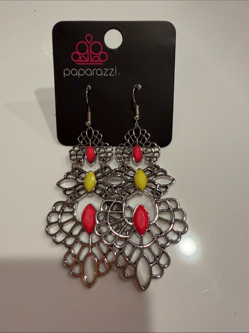 paparazzi Silver Filigree Dangle Earrings - Red, Yellow, White